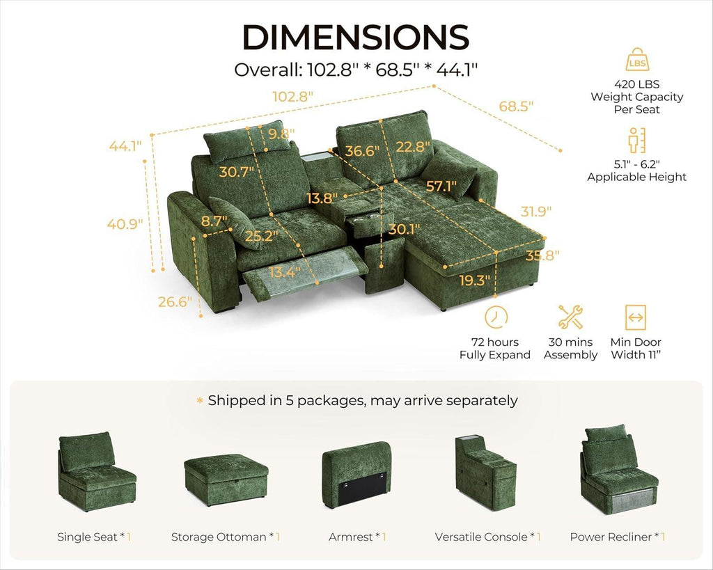 102.8 Inch White Power Recliner Sofa With Headrest And USB Charging Storage Ottoman