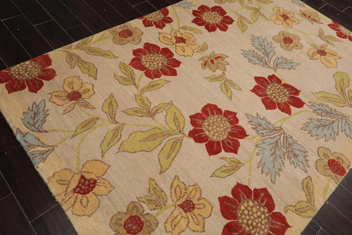 5'6''x8'6'' Hand Knotted Tibetan 100% Wool Transitional Oriental Area Rug Beige, Lime Color