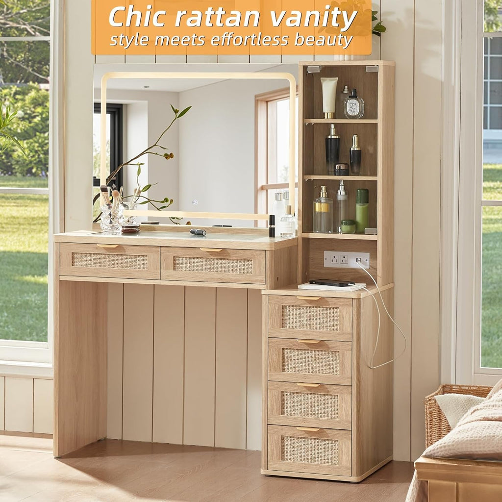 Rattan Vanity Desk Forty Three Point Five Inch GlassTop Mirror Lighting Natural Wood
