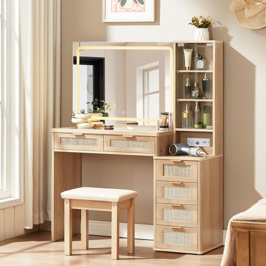 Rattan Vanity Desk Forty Three Point Five Inch GlassTop Mirror Lighting Natural Wood